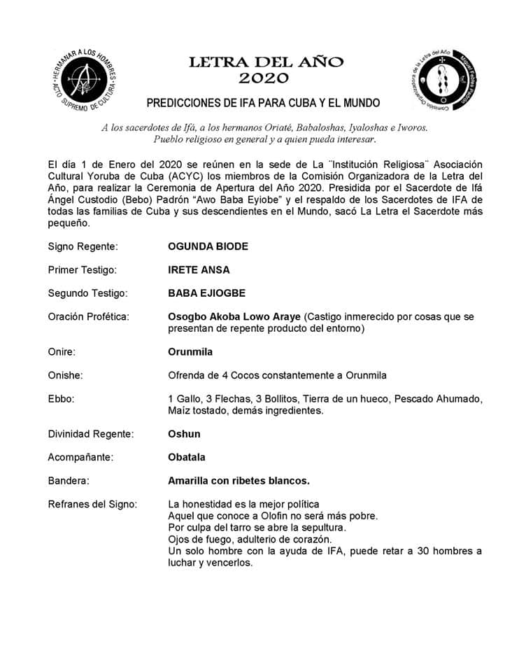 LETRA DEL AÑO 2020 ASOCIACION YORUBA