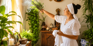 Mujer realizando una limpieza espiritual con hierbas en su hogar