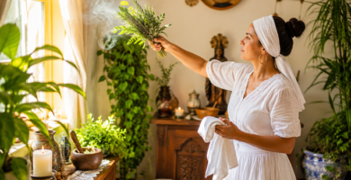 Mujer realizando una limpieza espiritual con hierbas en su hogar